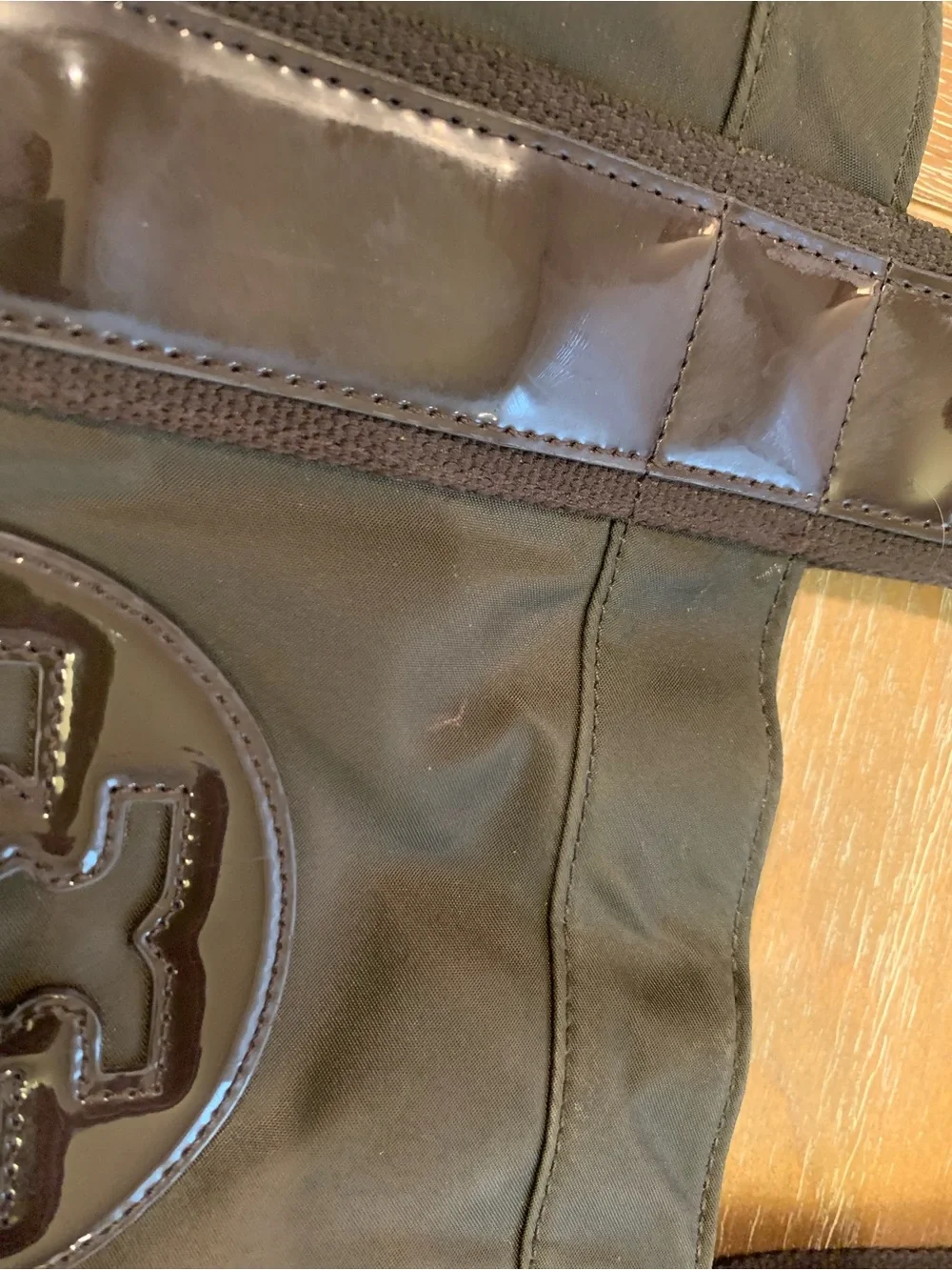 Tory Burch Olive and Dark Brown Nylon Tote with Patent Trim